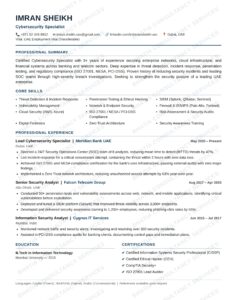 Cybersecurity Specialist ATS resume example for Dubai UAE banking and telecom sector