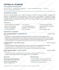Risk Compliance and AML Specialist ATS resume example for UAE banking sector