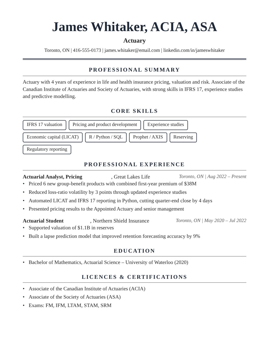 Actuary Resume Sample Canada | Free Canadian Resume Template Actuary resume sample Canada – ATS-friendly Canadian format resume example with quantified achievements
