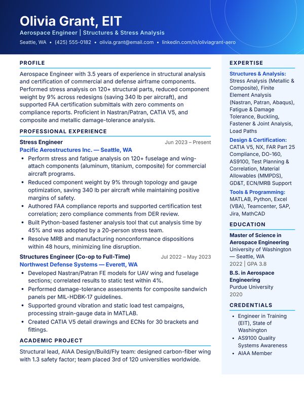 Aerospace Engineer Resume Sample JPG - USA Format, 1-Page Design (3-4 Years Experience) Aerospace Engineer resume example for USA jobs - ATS-friendly one-page American format