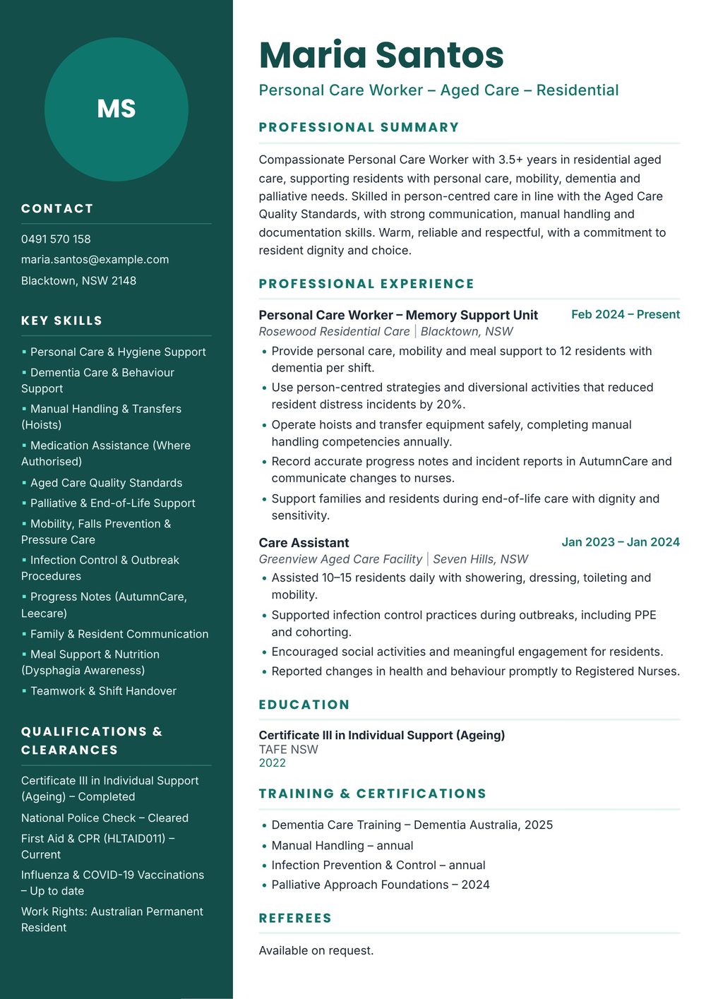Residential Aged Care Worker Resume Sample Australia (2026) – ATS-Friendly Australian Format Residential Aged Care Worker resume sample Australia: one-page Australian-format resume example for 3-4 years of experience (JPG)