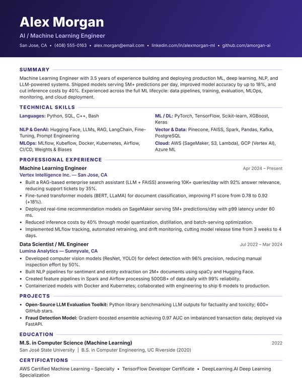 AI / Machine Learning Engineer resume example for USA jobs - ATS-friendly one-page American format