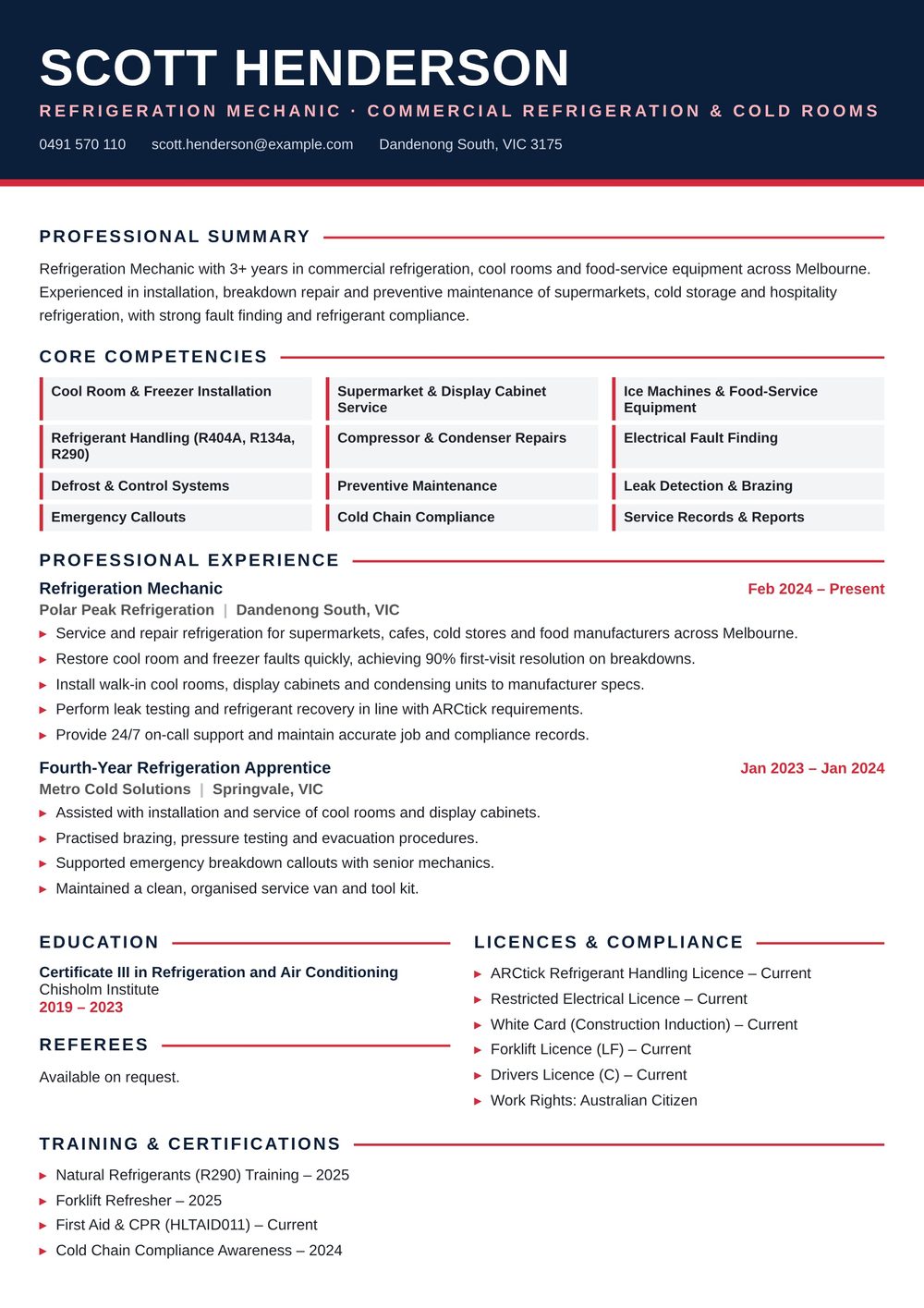 Refrigeration Air Conditioning & Refrigeration Mechanic Resume Sample Australia (2026) – ATS-Friendly Australian Format Refrigeration Air Conditioning & Refrigeration Mechanic resume sample Australia: one-page Australian-format resume example for 3-4 years of experience (JPG)