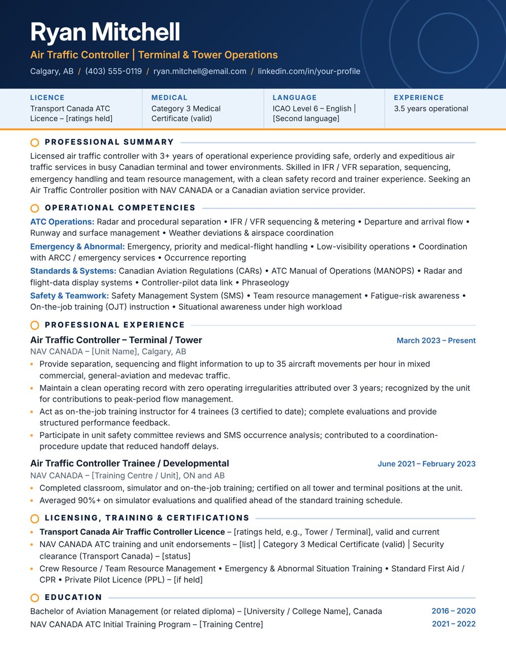 Air Traffic Controller Resume Sample Canada | Free Canadian Resume Template Air Traffic Controller resume sample Canada – ATS-friendly Canadian format resume example with quantified achievements