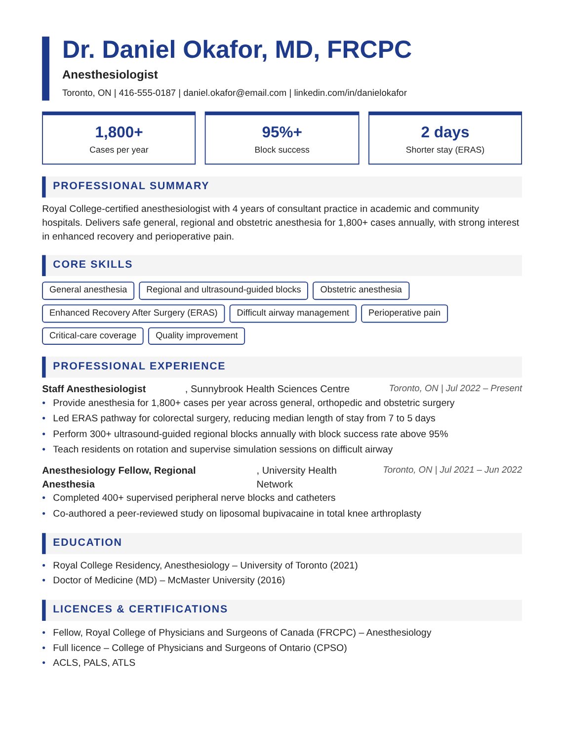 Anesthesiologist Resume Sample Canada | Free Canadian Resume Template Anesthesiologist resume sample Canada – ATS-friendly Canadian format resume example with quantified achievements