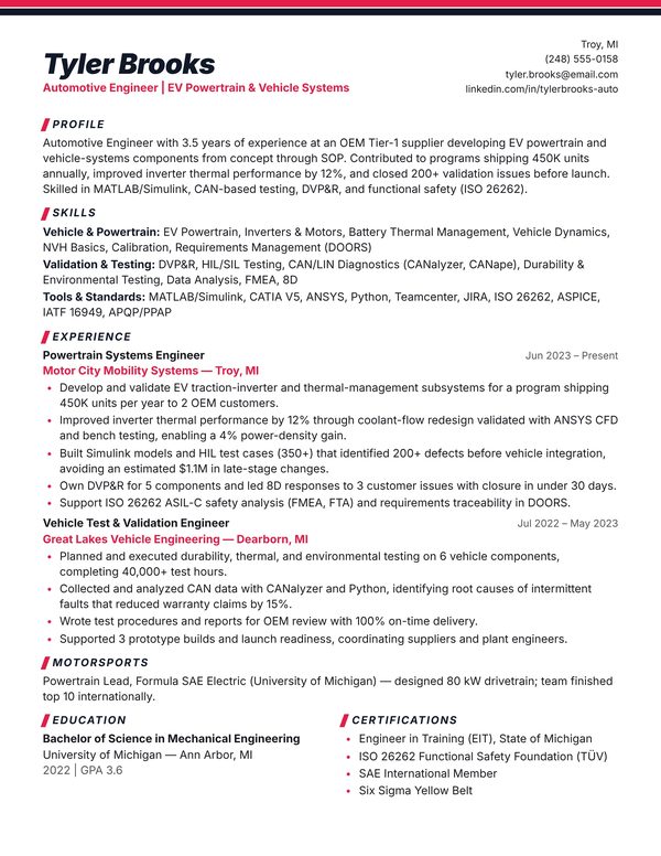 Automotive Engineer resume example for USA jobs - ATS-friendly one-page American format