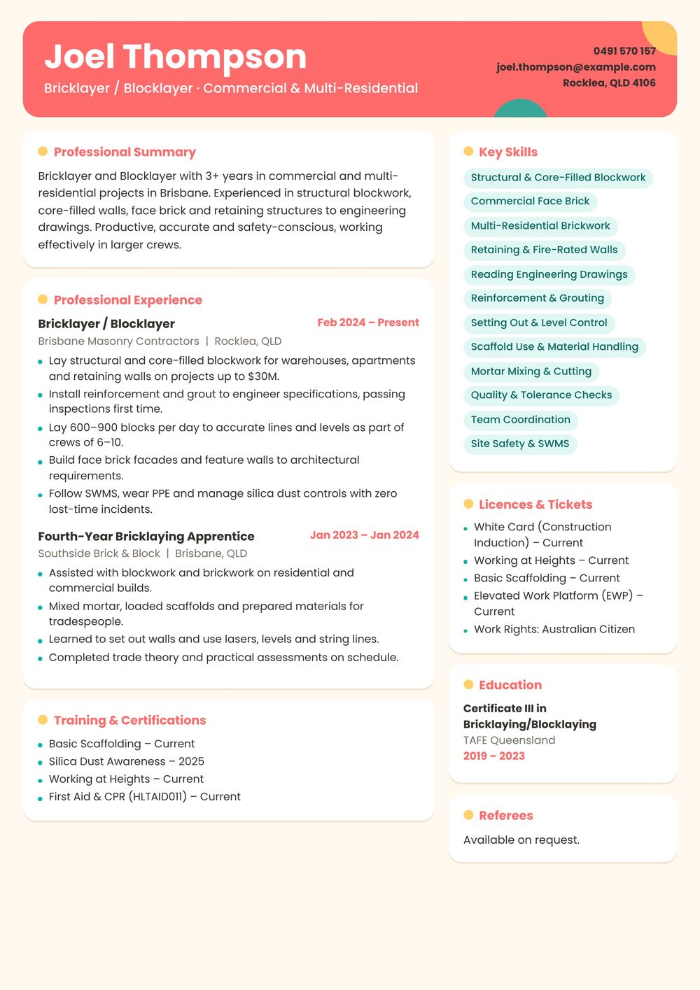 Commercial Blocklayer Bricklayer Resume Sample Australia (2026) – ATS-Friendly Australian Format Commercial Blocklayer Bricklayer resume sample Australia: one-page Australian-format resume example for 3-4 years of experience (JPG)