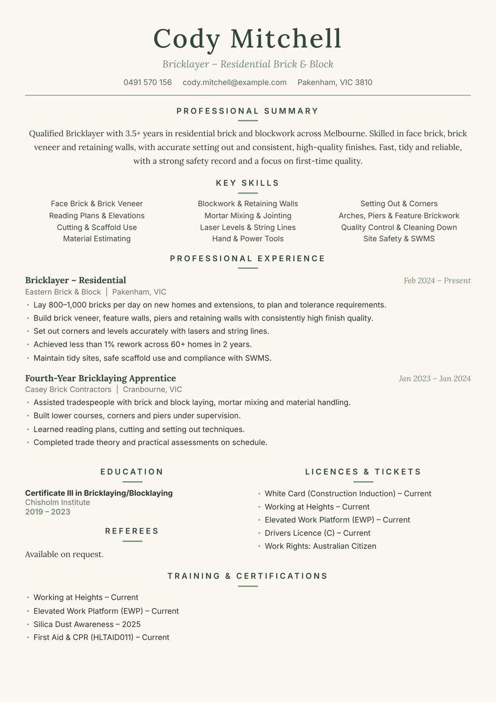 Residential Bricklayer Resume Sample Australia (2026) – ATS-Friendly Australian Format Residential Bricklayer resume sample Australia: one-page Australian-format resume example for 3-4 years of experience (JPG)