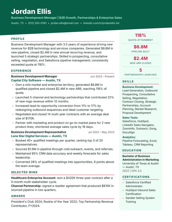 Business Development Manager Resume Sample JPG - USA Format, 1-Page Design (3-4 Years Experience) Business Development Manager resume example for USA jobs - ATS-friendly one-page American format