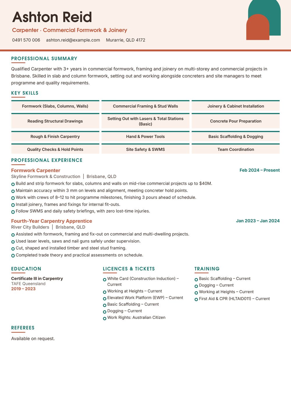 Commercial Formwork Carpenter Resume Sample Australia (2026) – ATS-Friendly Australian Format Commercial Formwork Carpenter resume sample Australia: one-page Australian-format resume example for 3-4 years of experience (JPG)