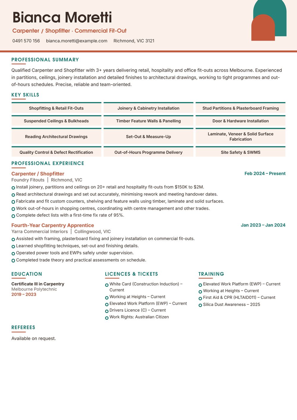 Shopfitting Carpenter Resume Sample Australia (2026) – ATS-Friendly Australian Format Shopfitting Carpenter resume sample Australia: one-page Australian-format resume example for 3-4 years of experience (JPG)