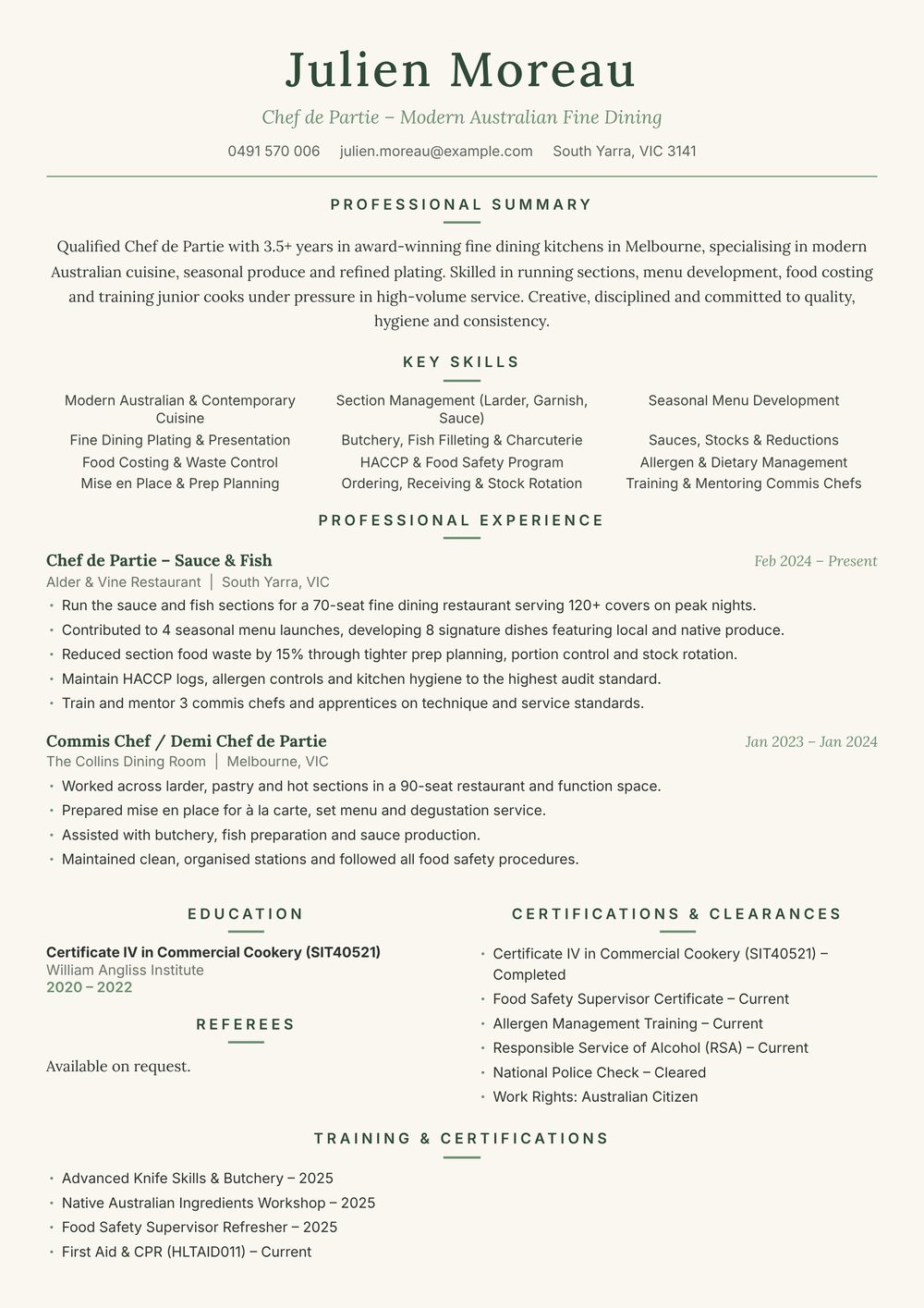 Fine Dining Chef Resume Sample Australia (2026) – ATS-Friendly Australian Format Fine Dining Chef resume sample Australia: one-page Australian-format resume example for 3-4 years of experience (JPG)