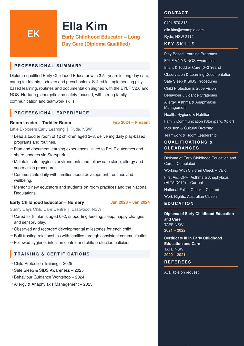 Long Day Care Child Care Educator Resume Sample Australia (2026) – ATS-Friendly Australian Format Long Day Care Child Care Educator resume sample Australia: one-page Australian-format resume example for 3-4 years of experience (JPG)