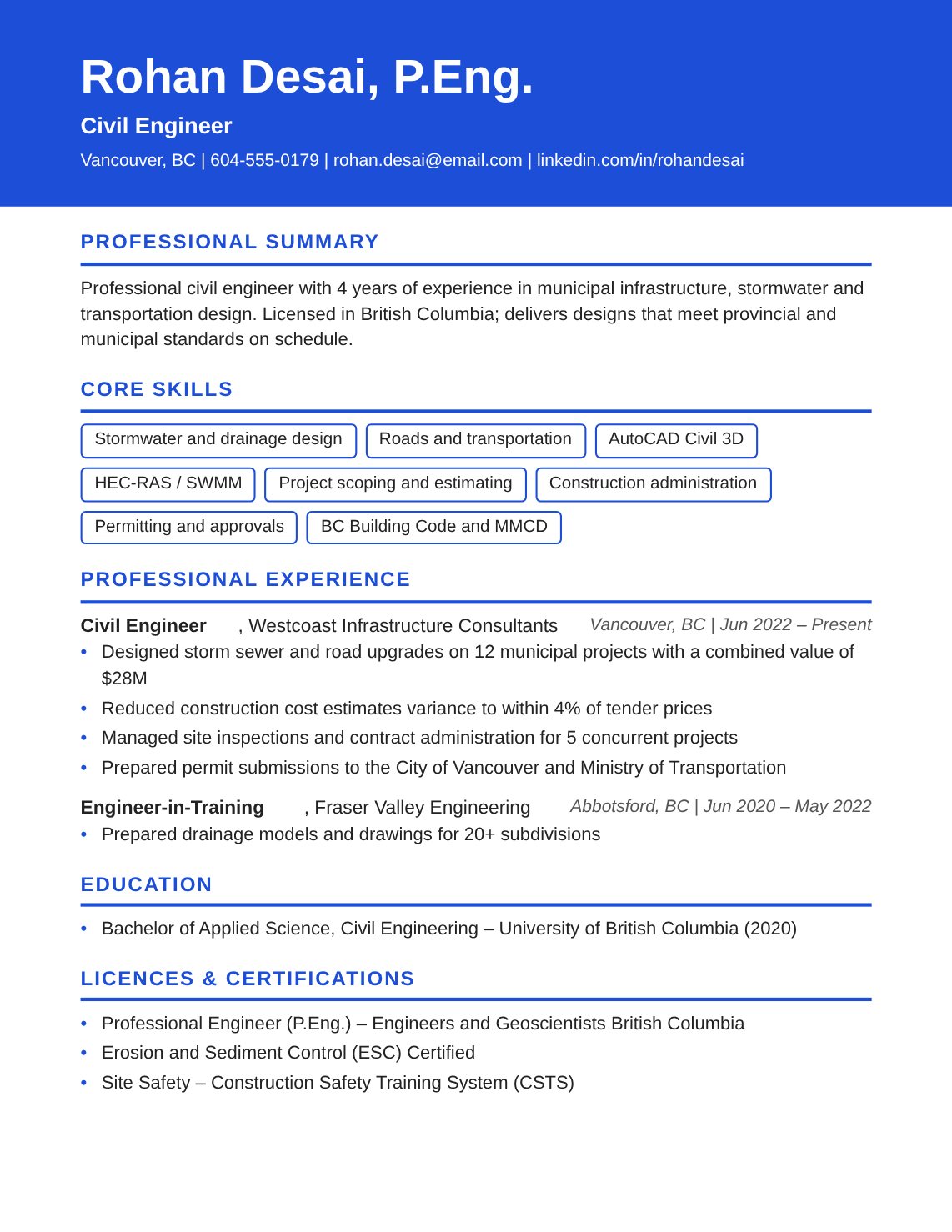 Civil Engineer Resume Sample Canada | Free Canadian Resume Template Civil Engineer resume sample Canada – ATS-friendly Canadian format resume example with quantified achievements