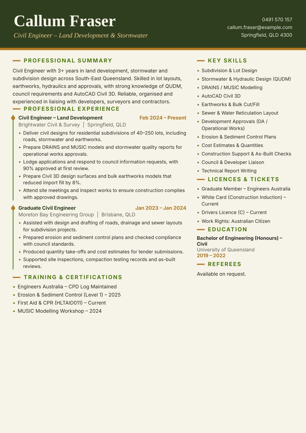 Land Development Civil Engineer Resume Sample Australia (2026) – ATS-Friendly Australian Format Land Development Civil Engineer resume sample Australia: one-page Australian-format resume example for 3-4 years of experience (JPG)