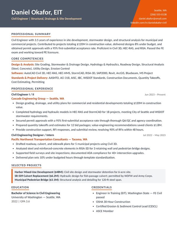 Civil Engineer resume example for USA jobs - ATS-friendly one-page American format