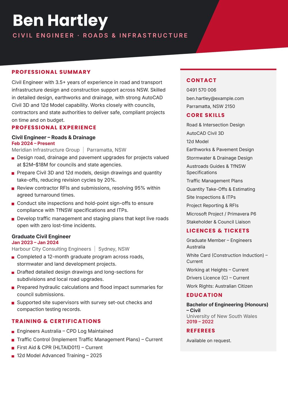 Roads & Transport Civil Engineer Resume Sample Australia (2026) – ATS-Friendly Australian Format Roads & Transport Civil Engineer resume sample Australia: one-page Australian-format resume example for 3-4 years of experience (JPG)