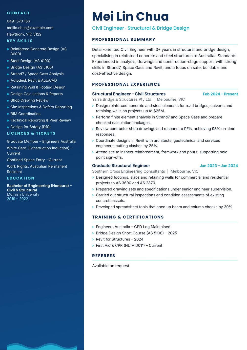 Structures Civil Engineer Resume Sample Australia (2026) – ATS-Friendly Australian Format Structures Civil Engineer resume sample Australia: one-page Australian-format resume example for 3-4 years of experience (JPG)