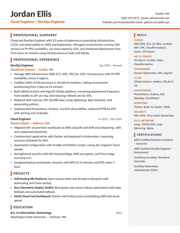 Cloud Engineer / DevOps Engineer resume example for USA jobs - ATS-friendly one-page American format