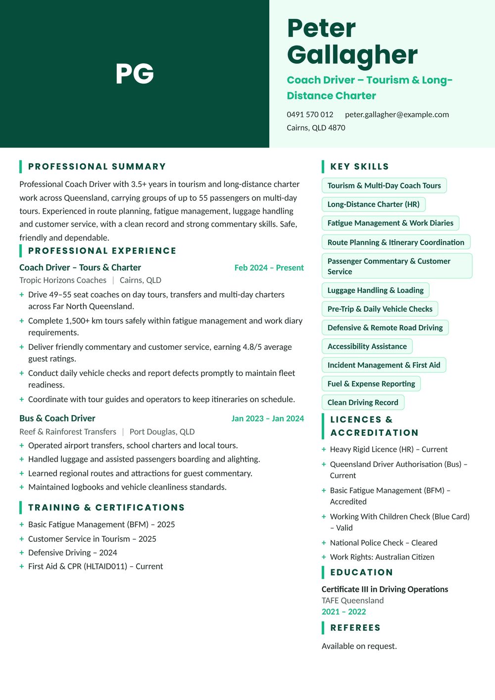 Tourism Coach Driver Resume Sample Australia (2026) – ATS-Friendly Australian Format Tourism Coach Driver resume sample Australia: one-page Australian-format resume example for 3-4 years of experience (JPG)