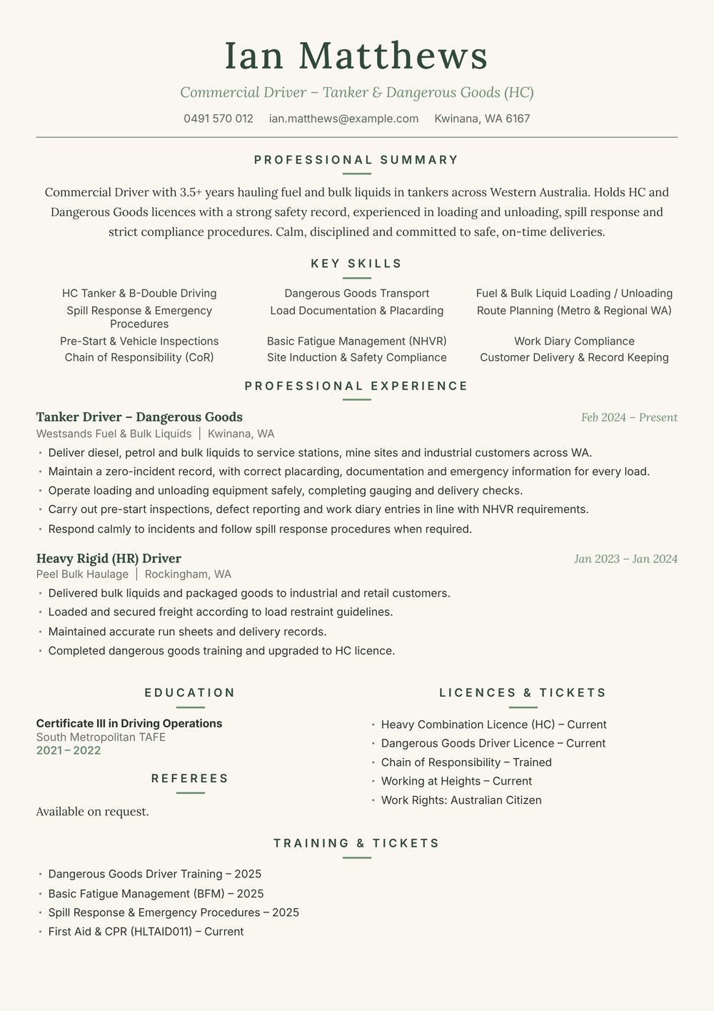 Tanker & Dangerous Goods Commercial Driver Resume Sample Australia (2026) – ATS-Friendly Australian Format Tanker & Dangerous Goods Commercial Driver resume sample Australia: one-page Australian-format resume example for 3-4 years of experience (JPG)