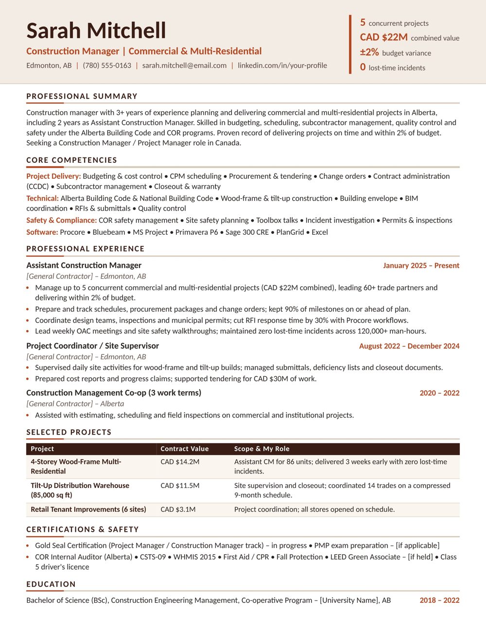 Construction Manager Resume Sample Canada | Free Canadian Resume Template Construction Manager resume sample Canada – ATS-friendly Canadian format resume example with quantified achievements