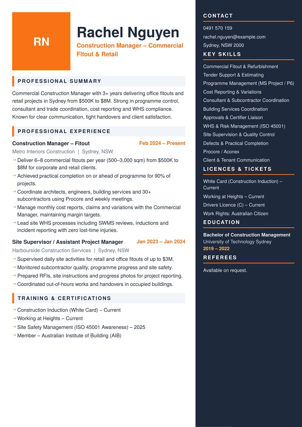 Commercial Construction Manager Resume Sample Australia (2026) – ATS-Friendly Australian Format Commercial Construction Manager resume sample Australia: one-page Australian-format resume example for 3-4 years of experience (JPG)