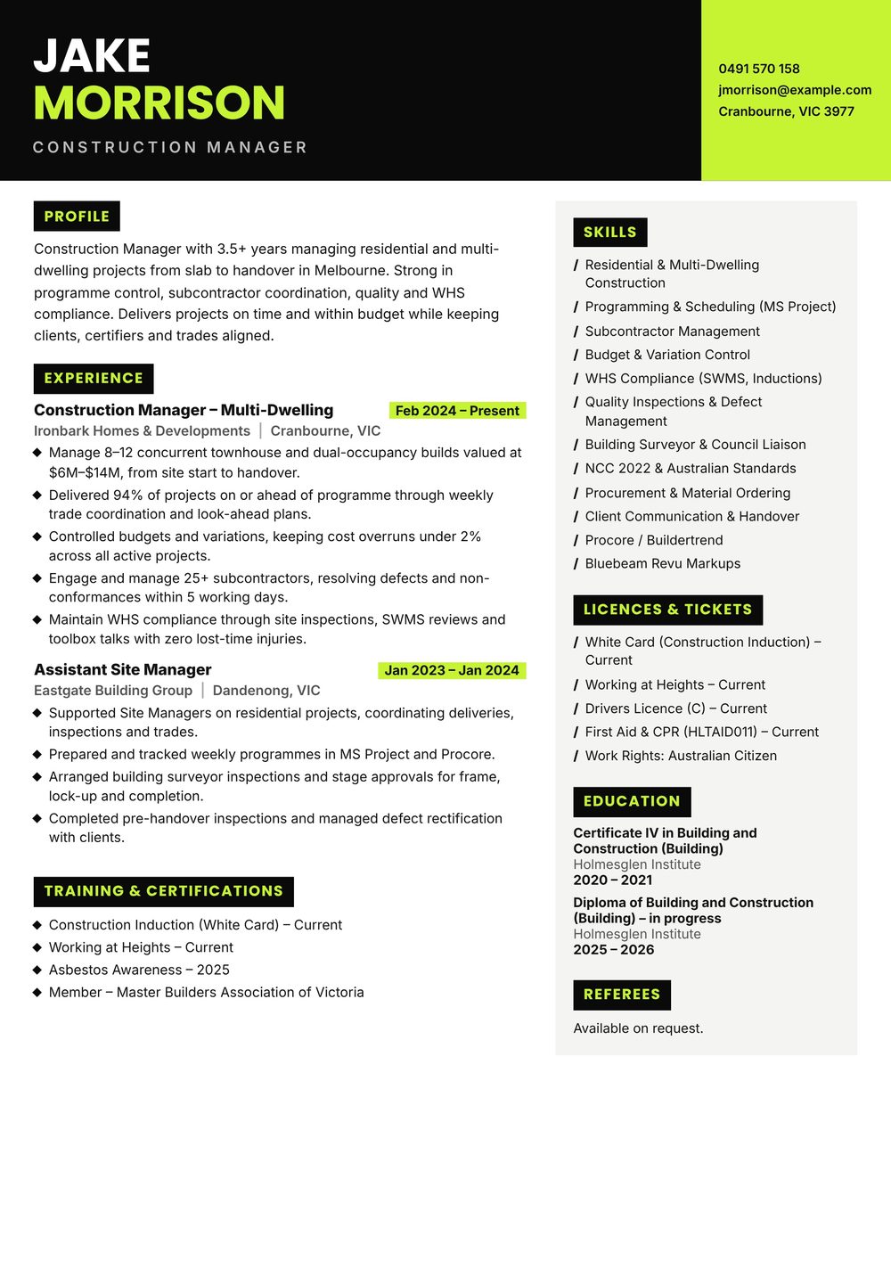 Residential Construction Manager Resume Sample Australia (2026) – ATS-Friendly Australian Format Residential Construction Manager resume sample Australia: one-page Australian-format resume example for 3-4 years of experience (JPG)