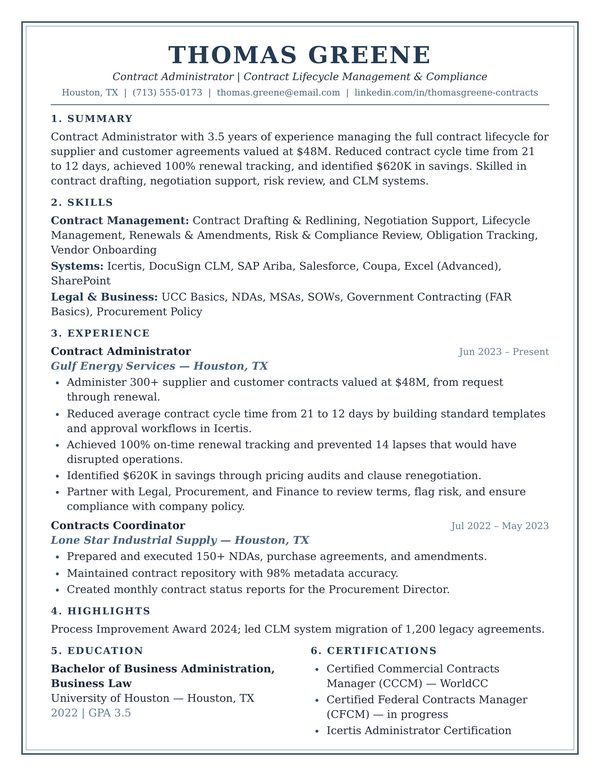 Contract Administrator resume example for USA jobs - ATS-friendly one-page American format