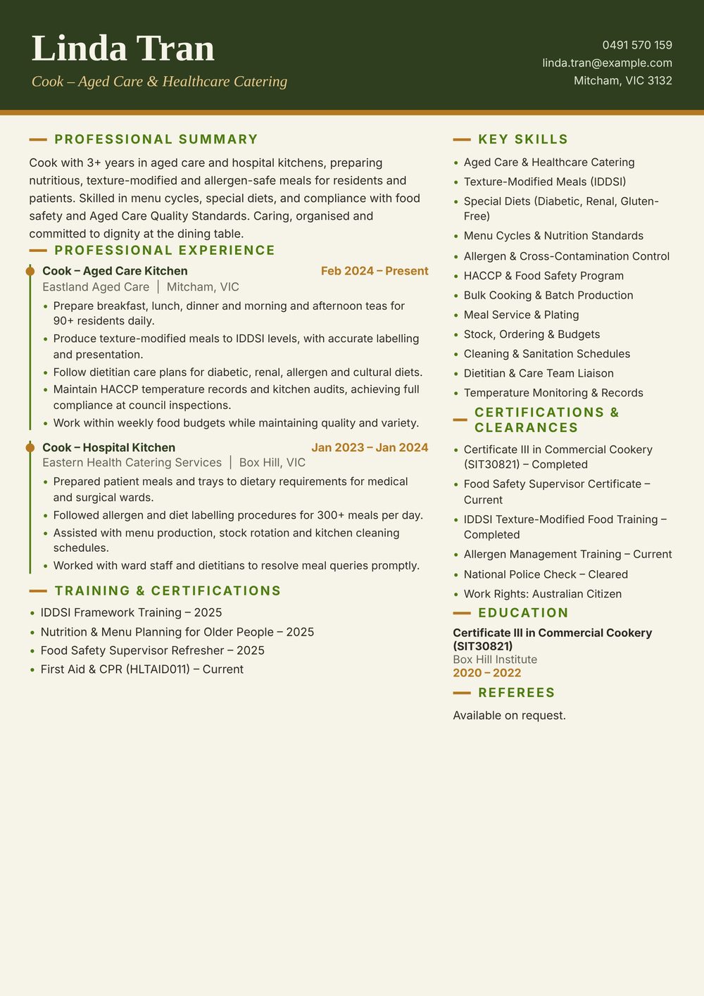 Aged Care & Hospital Cook Resume Sample Australia (2026) – ATS-Friendly Australian Format Aged Care & Hospital Cook resume sample Australia: one-page Australian-format resume example for 3-4 years of experience (JPG)