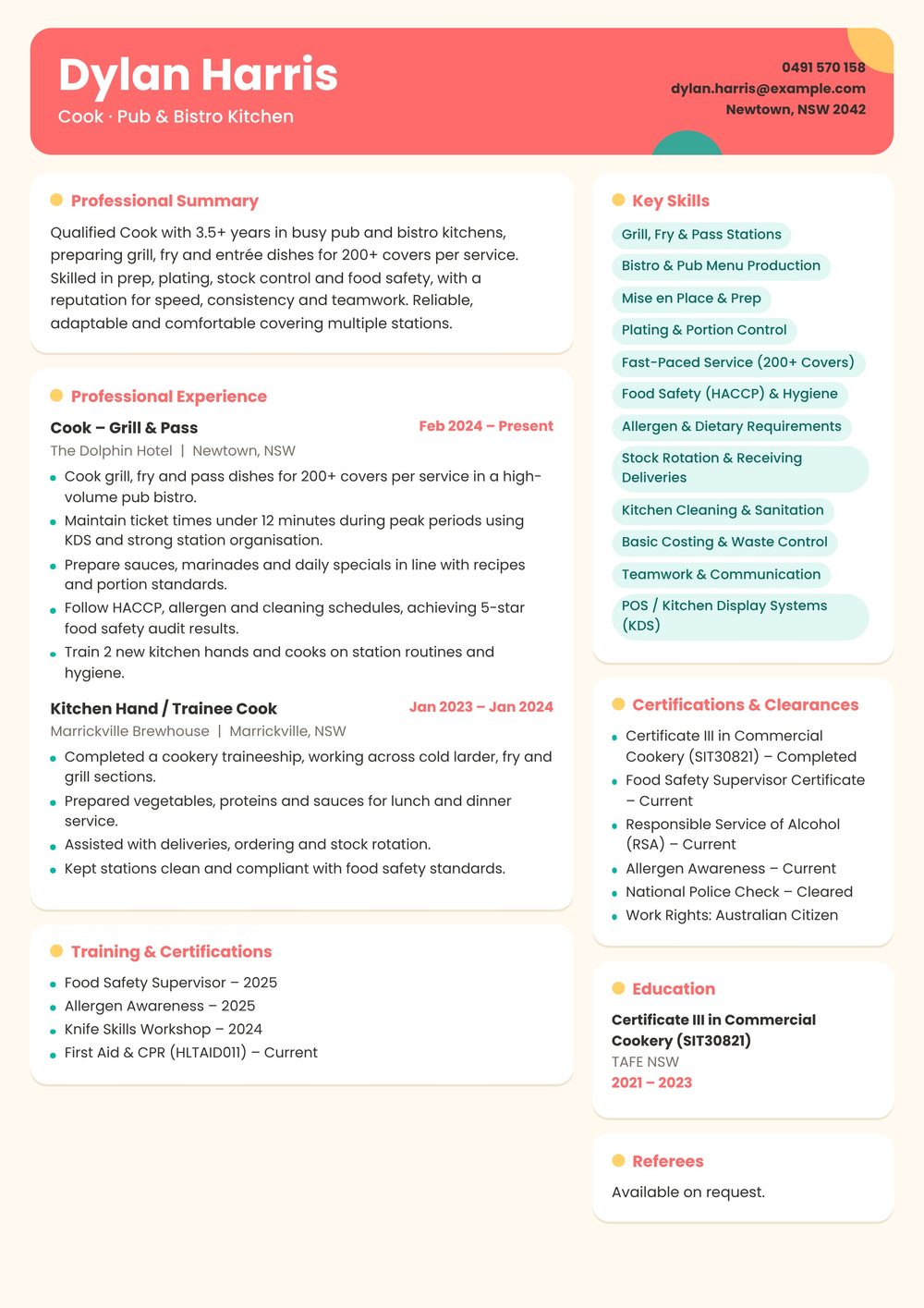 Pub & Bistro Cook Resume Sample Australia (2026) – ATS-Friendly Australian Format Pub & Bistro Cook resume sample Australia: one-page Australian-format resume example for 3-4 years of experience (JPG)