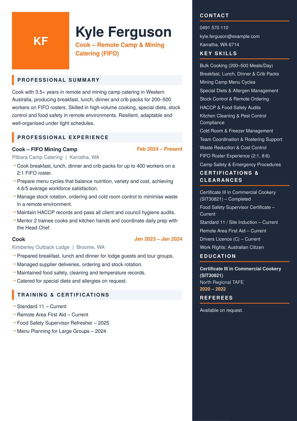 Remote Mining Camp Cook Resume Sample Australia (2026) – ATS-Friendly Australian Format Remote Mining Camp Cook resume sample Australia: one-page Australian-format resume example for 3-4 years of experience (JPG)