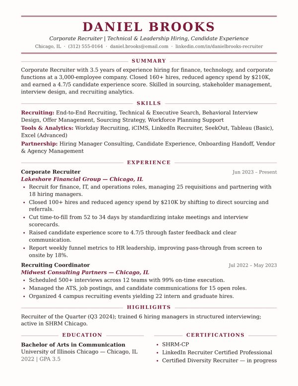 Corporate Recruiter Resume Sample JPG - USA Format, 1-Page Design (3-4 Years Experience) Corporate Recruiter resume example for USA jobs - ATS-friendly one-page American format