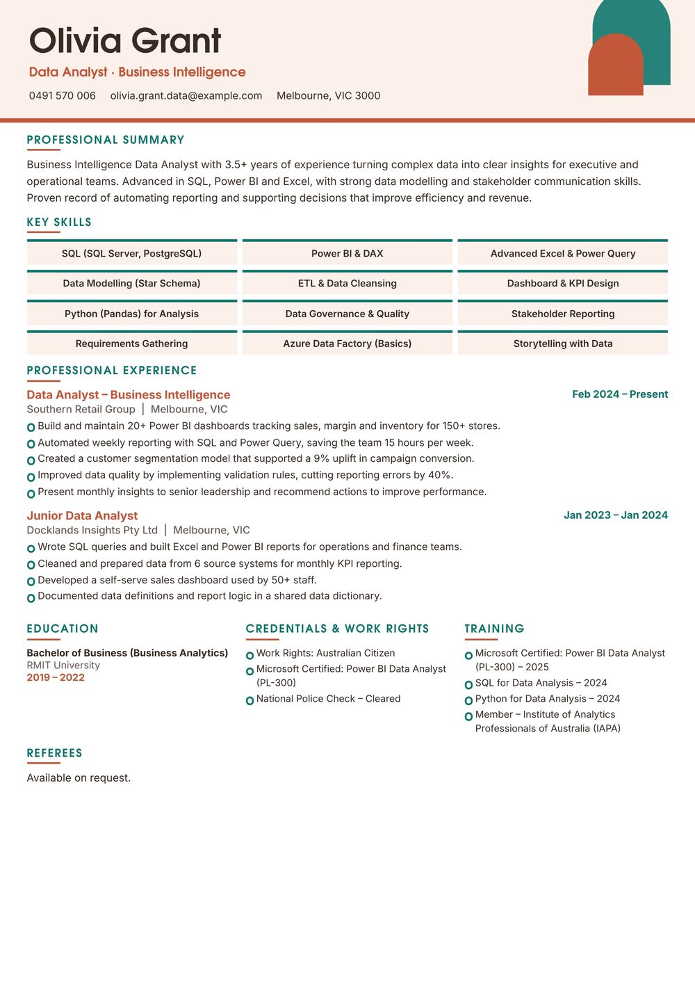 Business Intelligence Data Analyst Resume Sample Australia (2026) – ATS-Friendly Australian Format Business Intelligence Data Analyst resume sample Australia: one-page Australian-format resume example for 3-4 years of experience (JPG)