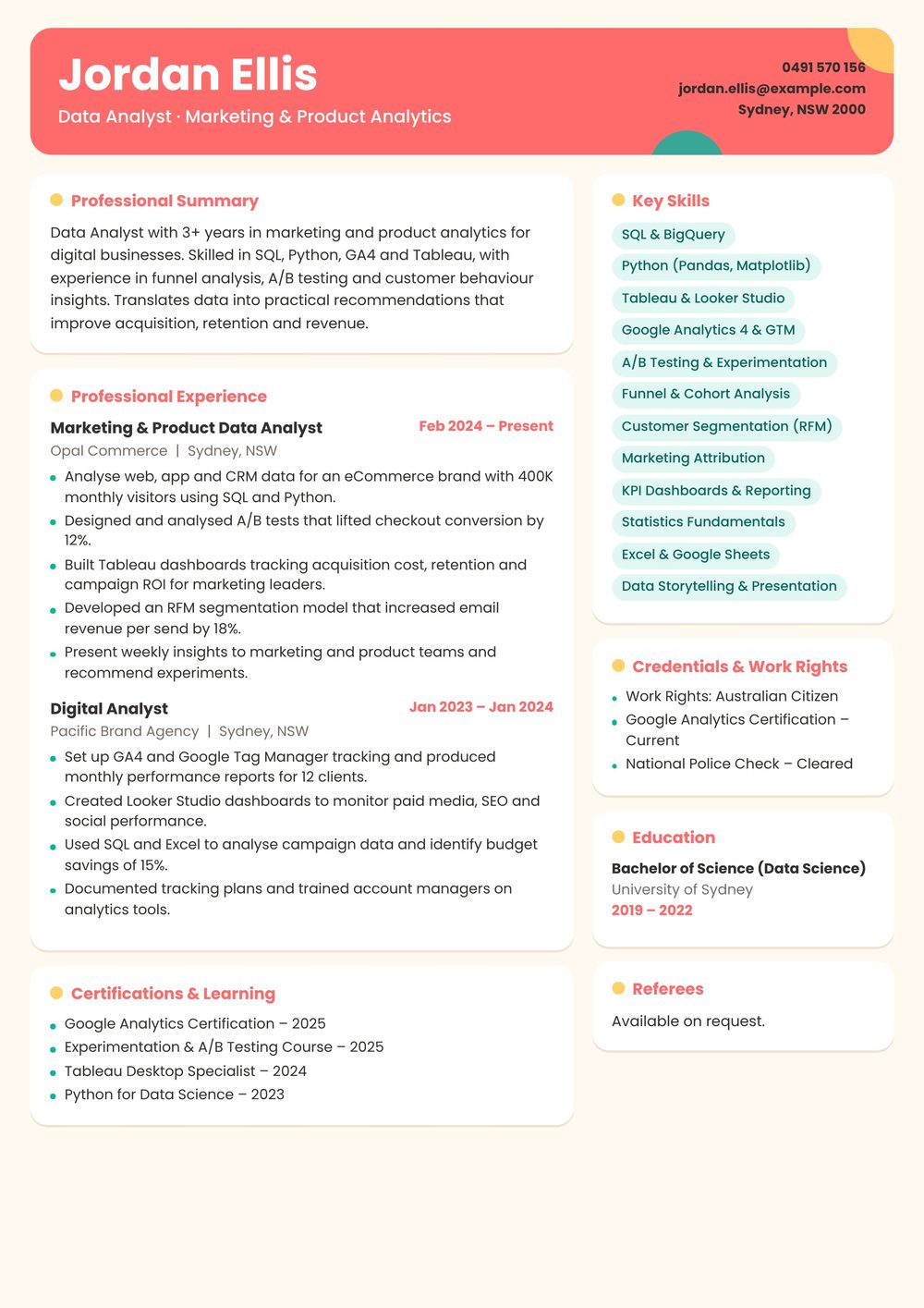 Marketing & Product Data Analyst Resume Sample Australia (2026) – ATS-Friendly Australian Format Marketing & Product Data Analyst resume sample Australia: one-page Australian-format resume example for 3-4 years of experience (JPG)