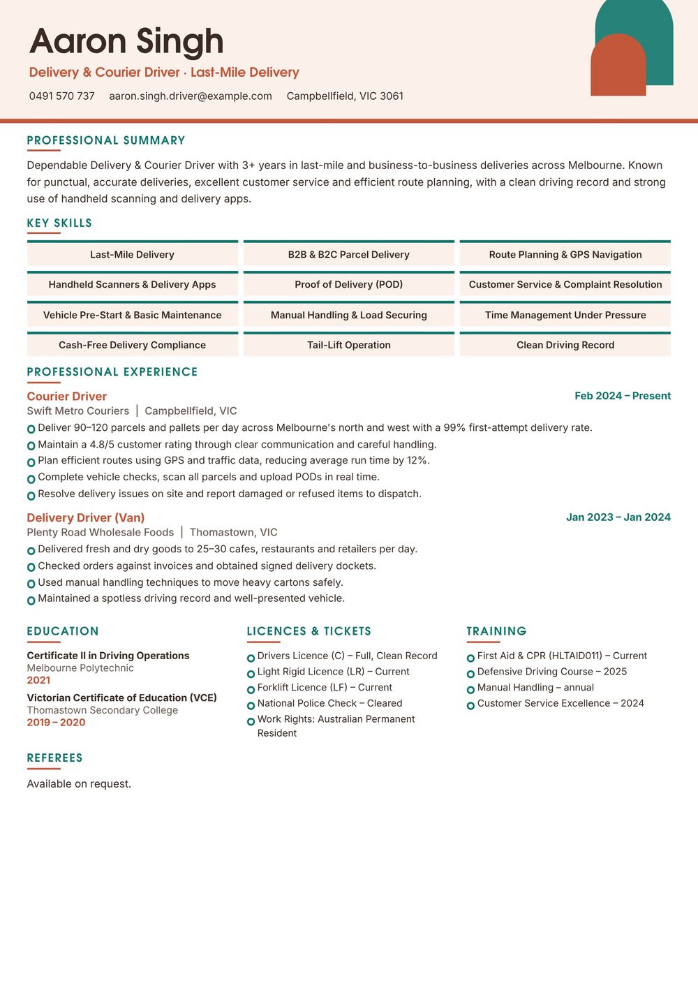 Courier Delivery Driver Resume Sample Australia (2026) – ATS-Friendly Australian Format Courier Delivery Driver resume sample Australia: one-page Australian-format resume example for 3-4 years of experience (JPG)