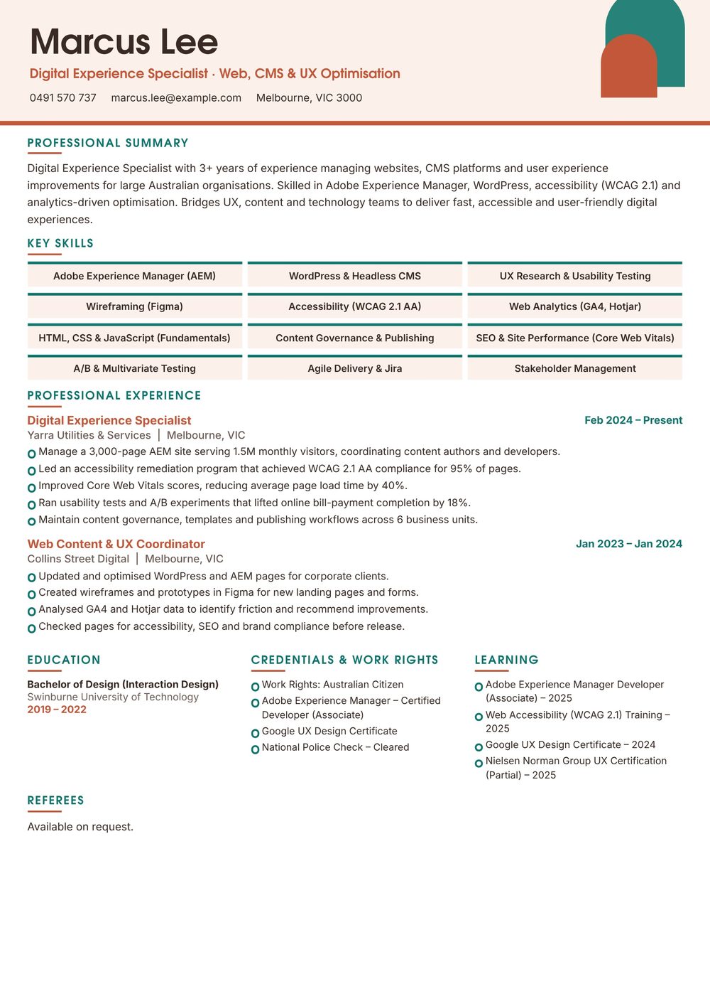 CMS Digital Experience Specialist Resume Sample Australia (2026) – ATS-Friendly Australian Format CMS Digital Experience Specialist resume sample Australia: one-page Australian-format resume example for 3-4 years of experience (JPG)