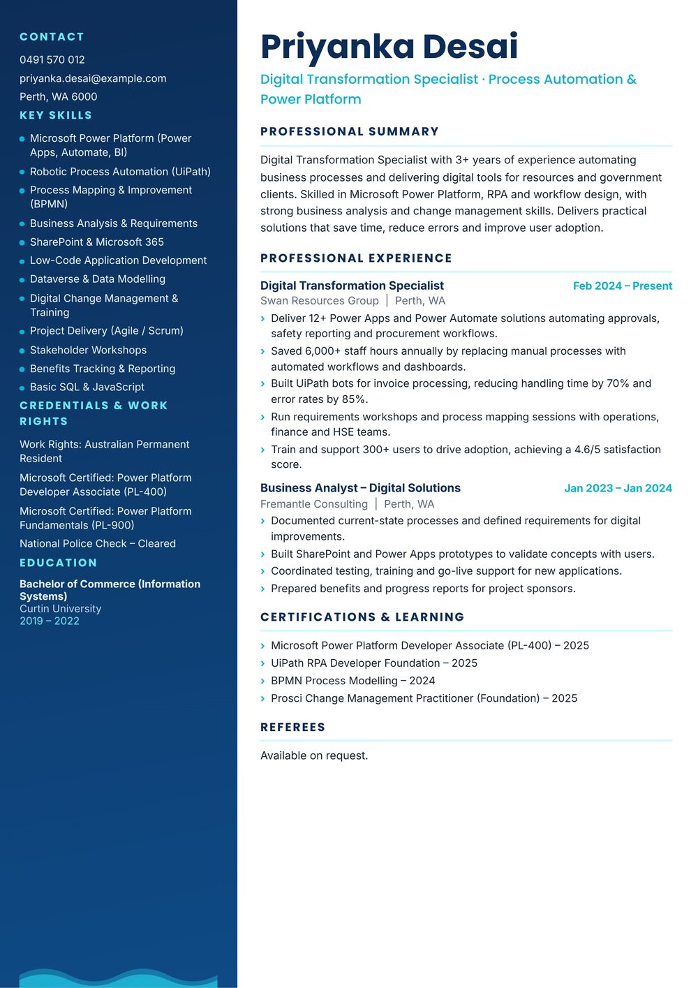Automation Digital Transformation Specialist Resume Sample Australia (2026) – ATS-Friendly Australian Format Automation Digital Transformation Specialist resume sample Australia: one-page Australian-format resume example for 3-4 years of experience (JPG)