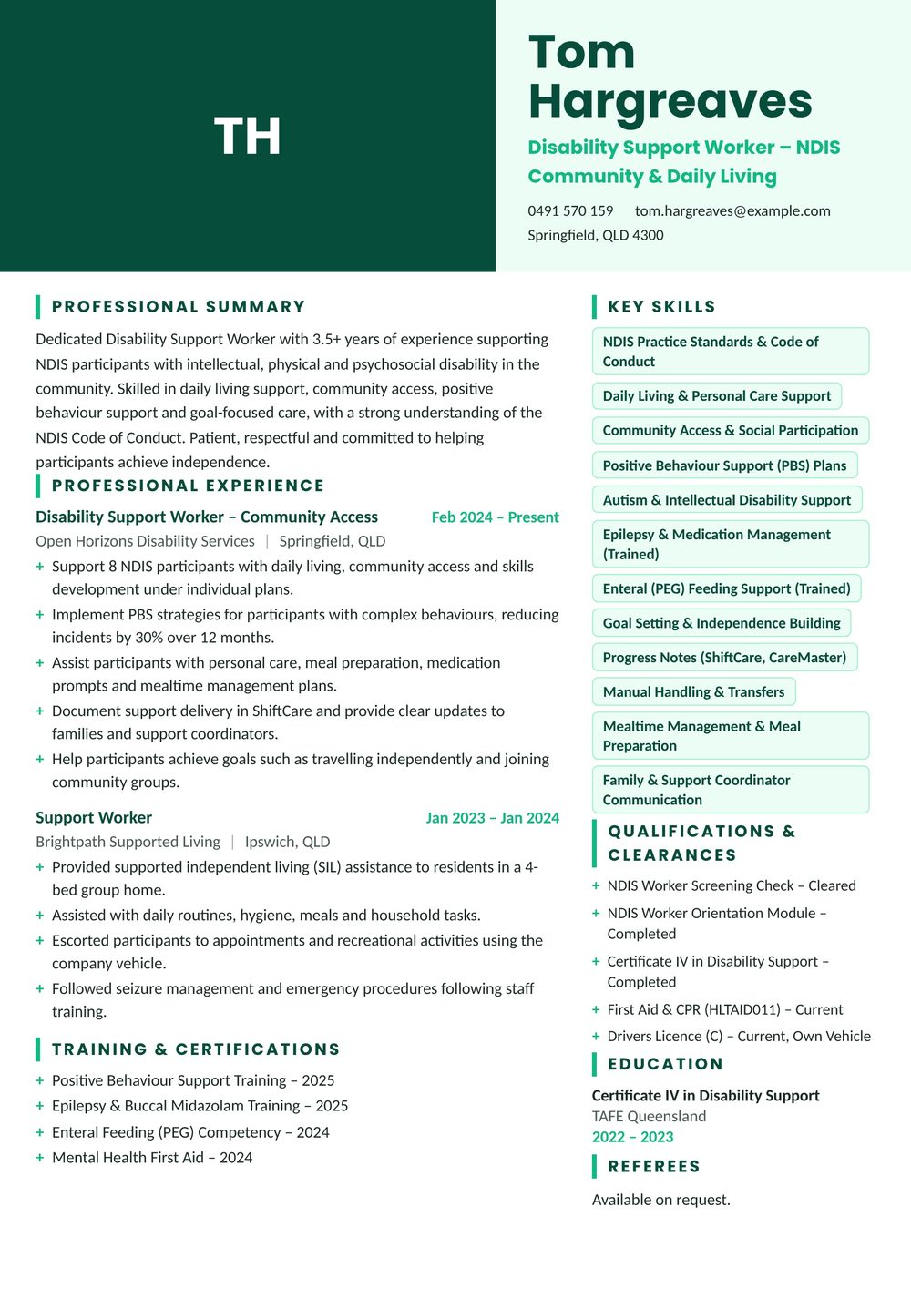 NDIS Disability Support Worker Resume Sample Australia (2026) – ATS-Friendly Australian Format NDIS Disability Support Worker resume sample Australia: one-page Australian-format resume example for 3-4 years of experience (JPG)