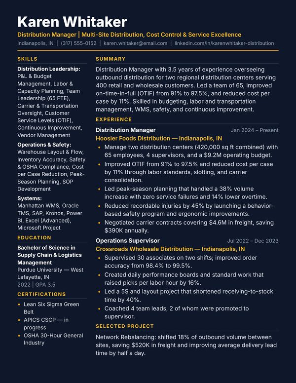 Distribution Manager resume example for USA jobs - ATS-friendly one-page American format
