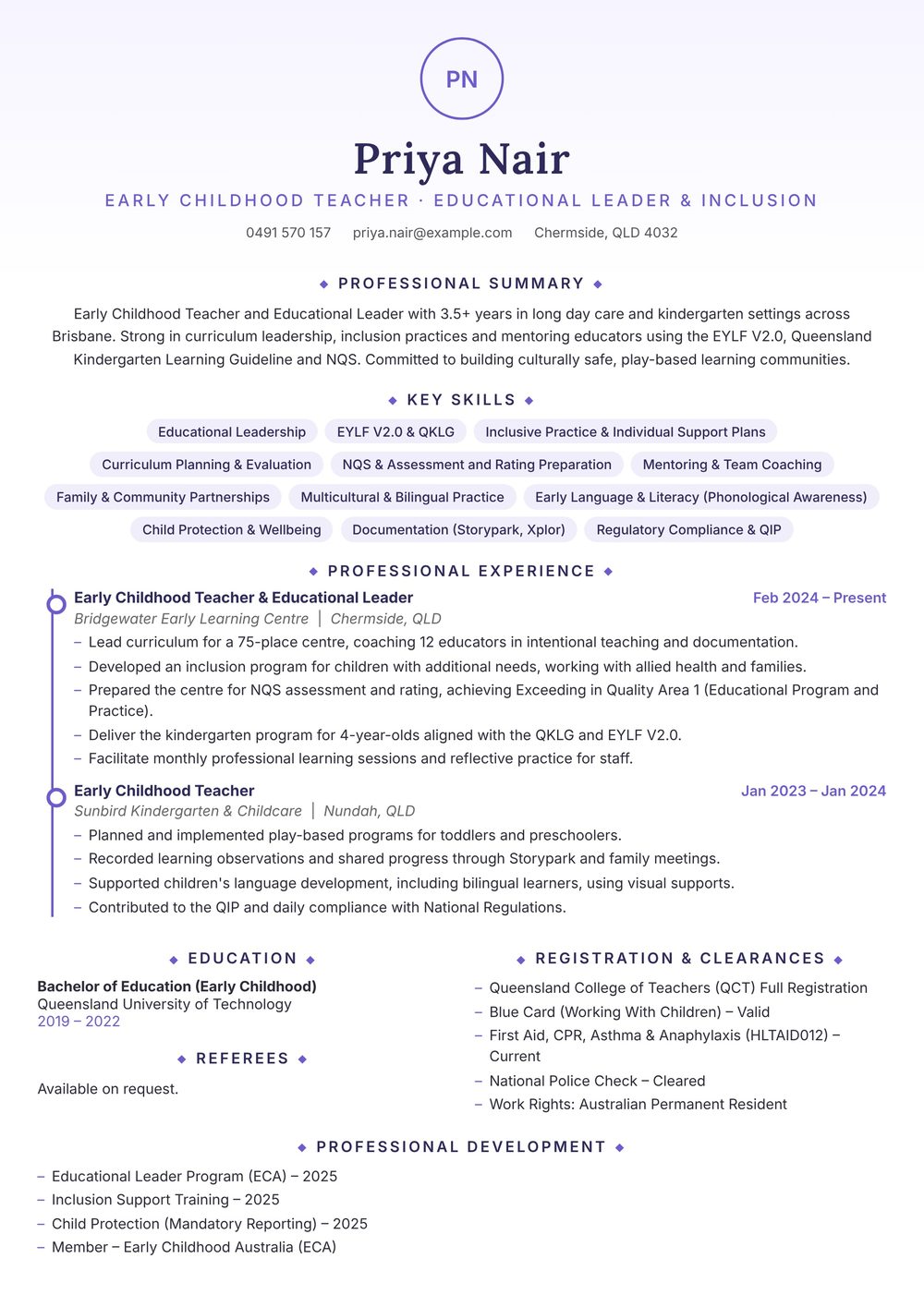 Inclusion & Educational Leader Early Childhood Teacher Resume Sample Australia (2026) – ATS-Friendly Australian Format Inclusion & Educational Leader Early Childhood Teacher resume sample Australia: one-page Australian-format resume example for 3-4 years of experience (JPG)