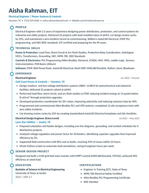 Electrical Engineer resume example for USA jobs - ATS-friendly one-page American format