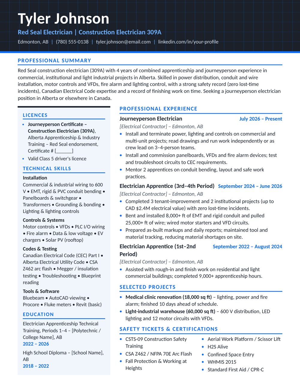 Electrician Resume Sample Canada | Free Canadian Resume Template Electrician resume sample Canada – ATS-friendly Canadian format resume example with quantified achievements