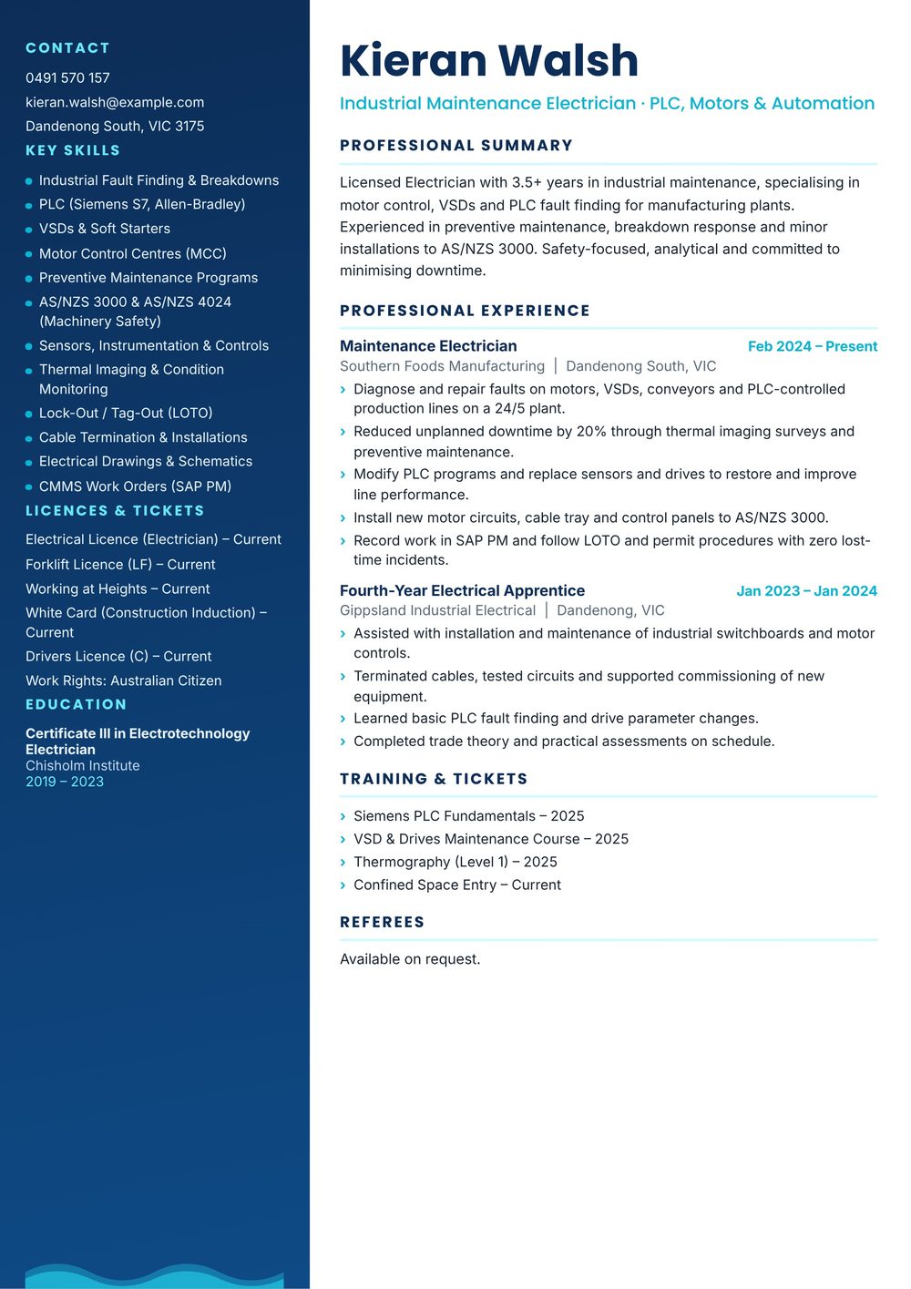 Industrial & PLC Electrician Resume Sample Australia (2026) – ATS-Friendly Australian Format Industrial & PLC Electrician resume sample Australia: one-page Australian-format resume example for 3-4 years of experience (JPG)