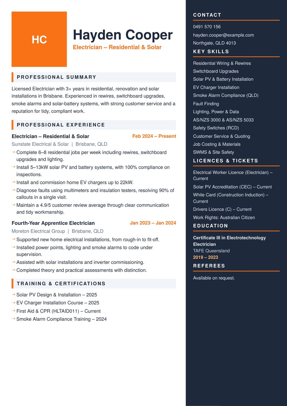 Residential & Solar Electrician Resume Sample Australia (2026) – ATS-Friendly Australian Format Residential & Solar Electrician resume sample Australia: one-page Australian-format resume example for 3-4 years of experience (JPG)