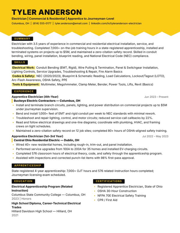 Electrician resume example for USA jobs - ATS-friendly one-page American format
