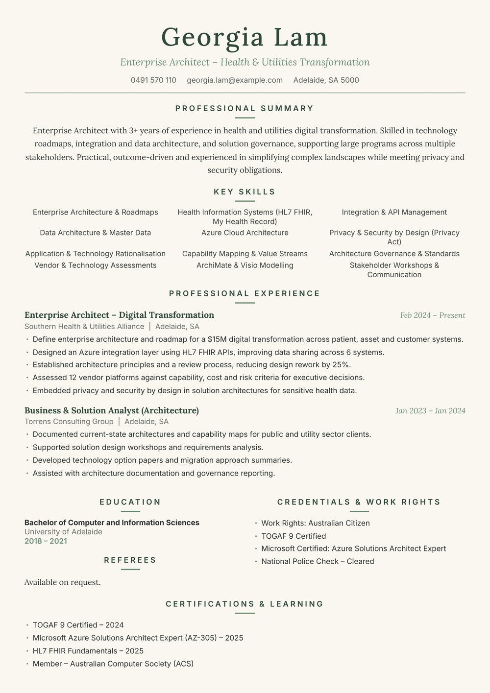 Health & Utilities Enterprise Architect Resume Sample Australia (2026) – ATS-Friendly Australian Format Health & Utilities Enterprise Architect resume sample Australia: one-page Australian-format resume example for 3-4 years of experience (JPG)