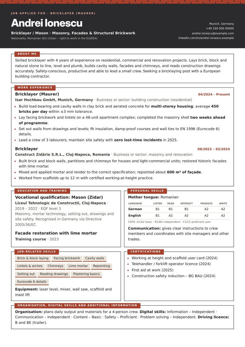 Europass-style ATS-friendly CV sample for a bricklayer with 3–4 years of experience in Munich, Germany – brick-red and charcoal with boxed sections