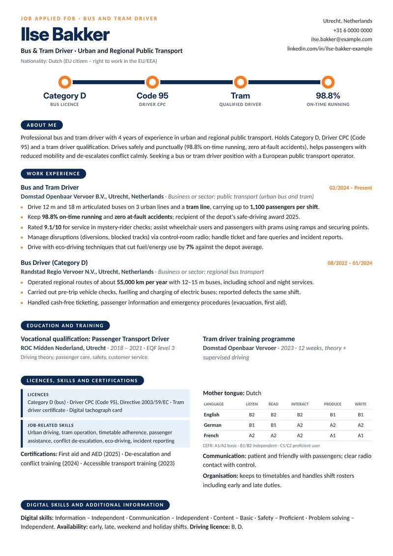 Europass-style ATS-friendly CV sample for a bus and tram driver with 3–4 years of experience in Utrecht, Netherlands – navy and orange with a transit-line strip of key facts
