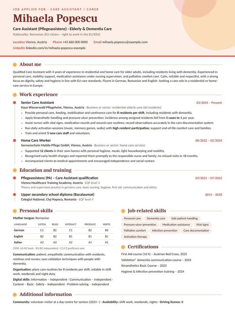 Europass-style ATS-friendly CV sample for a care assistant with 3–4 years of experience in Vienna, Austria – coral and peach header with a dot timeline